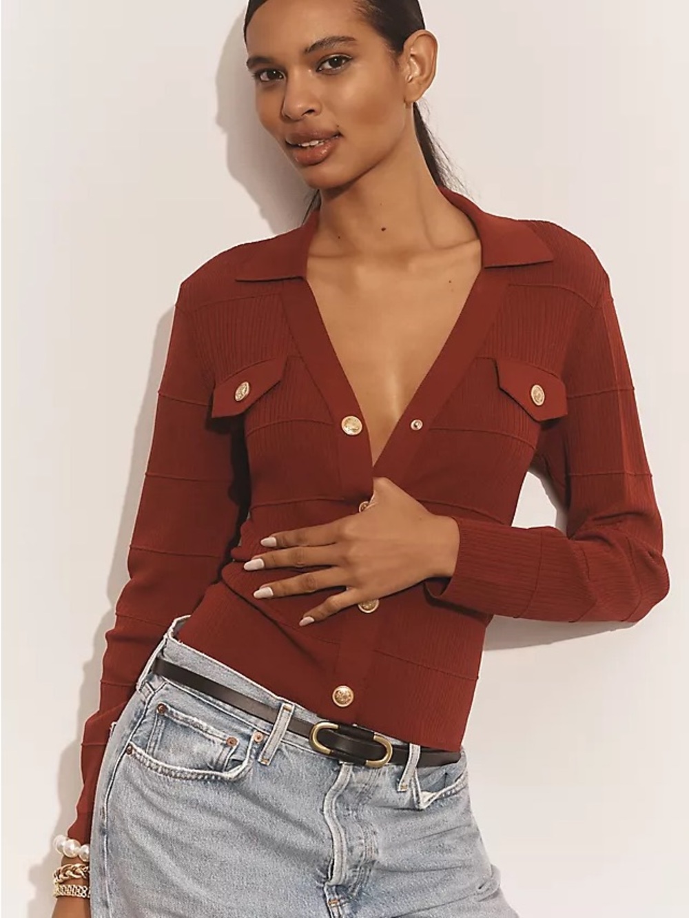 Maeve Burgundy Ribbed Snap-Front Cardigan